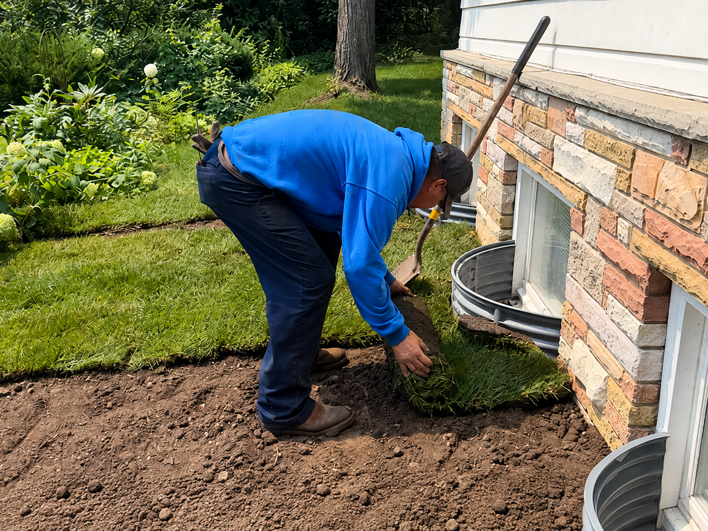 Luna Brothers team member installing sod